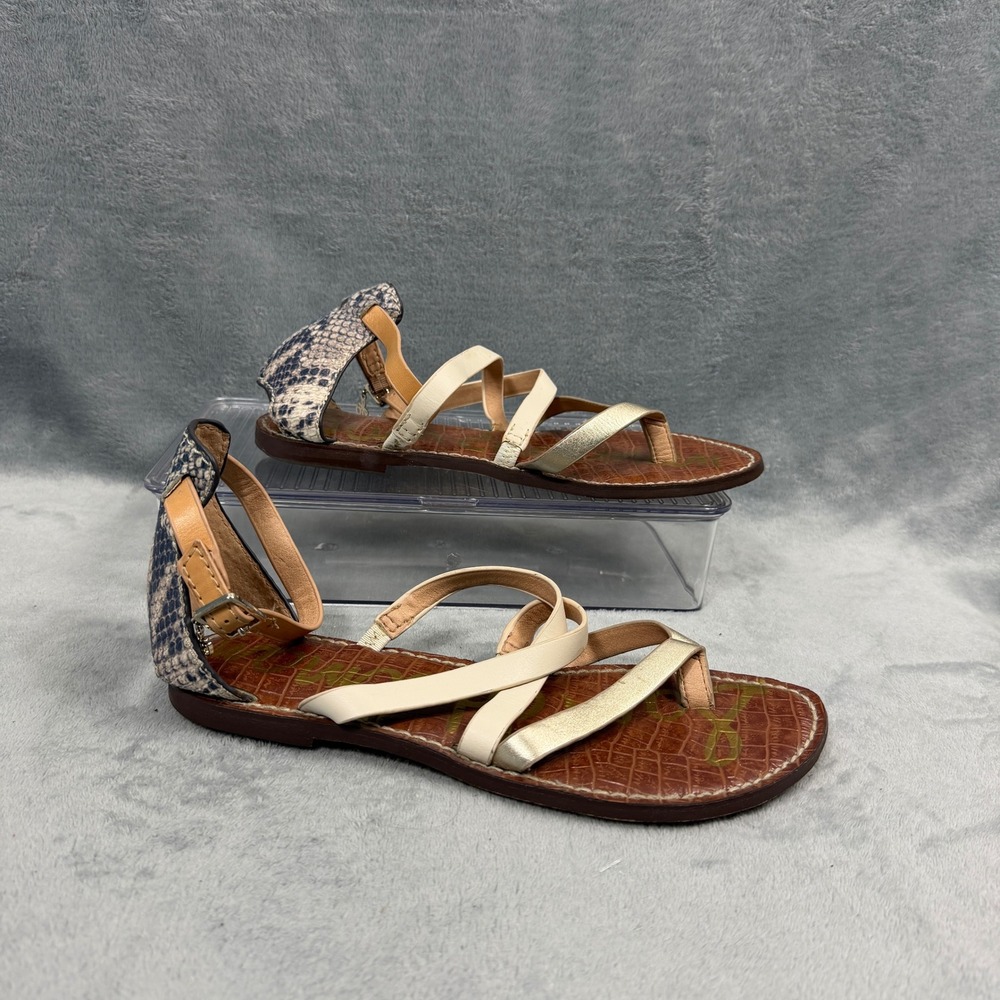 Sam Edelman Womens 7.5 Cream Gold Gilroy Flat Strappy Snakeskin Sandals Boho Y2K